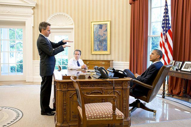 President Obama with Treasury Secretary Timothy Geithner and National Economic Council Director Gene Sperling in August